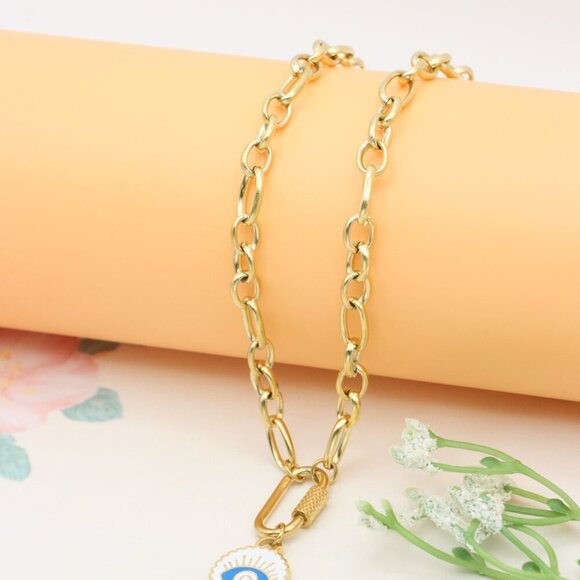 Chunky Gold Link Necklace with Eye Charm – Bold Yellow Jewelry, XPNL0368 - Picture 9 of 13